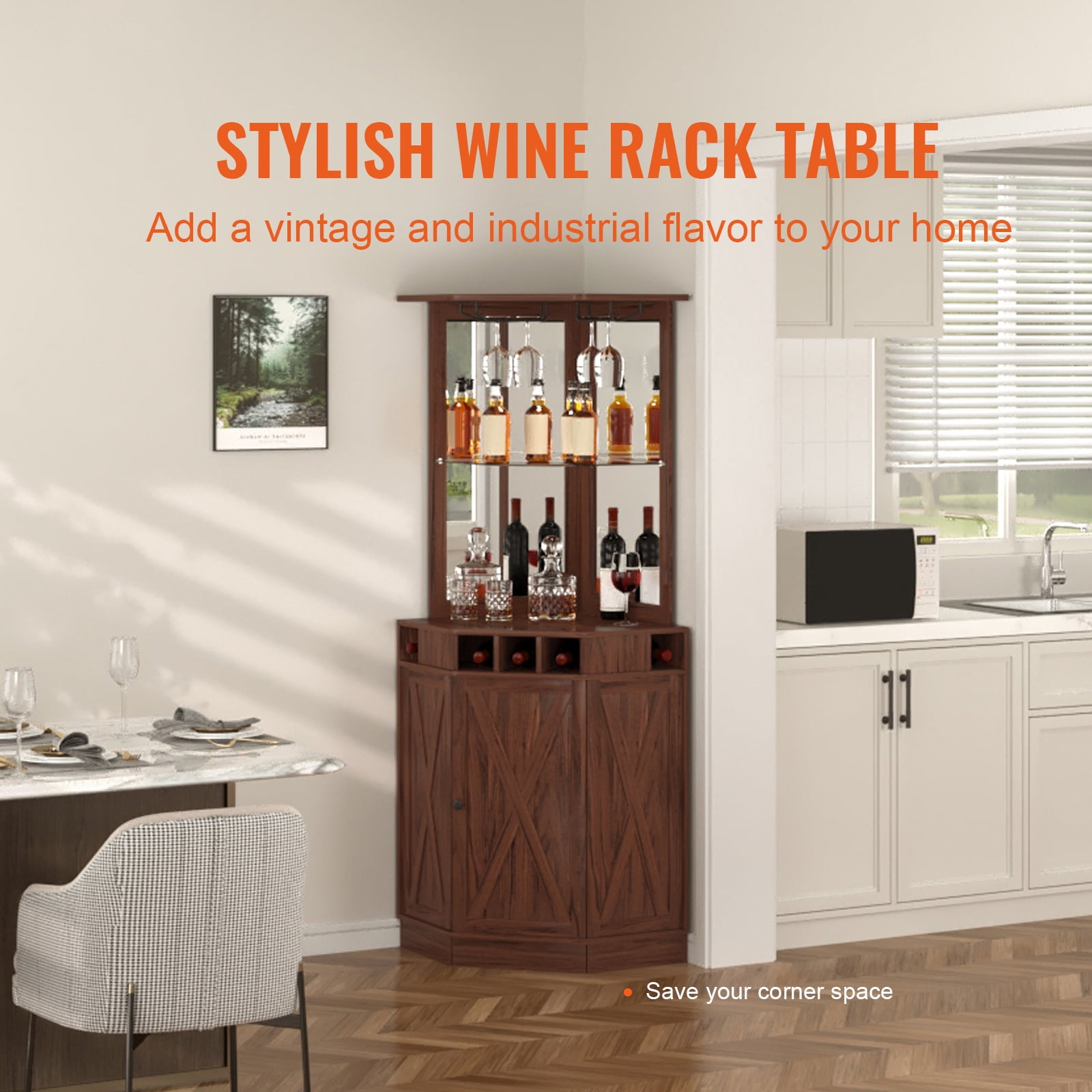 KFFKFF Corner Commercial Bar Storage, Liquor & Glassware Table, Buffet Sideboard with Glass Rack, Independent Wooden Beverage Cabinet for Lounge, Household Bar, Dark Walnut
