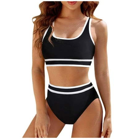 Aayomet Women s High Waisted Bikini Sets Sporty Two Piece Swimsuits Color Block Cheeky High Cut Bathing Suits (Black  XL)
