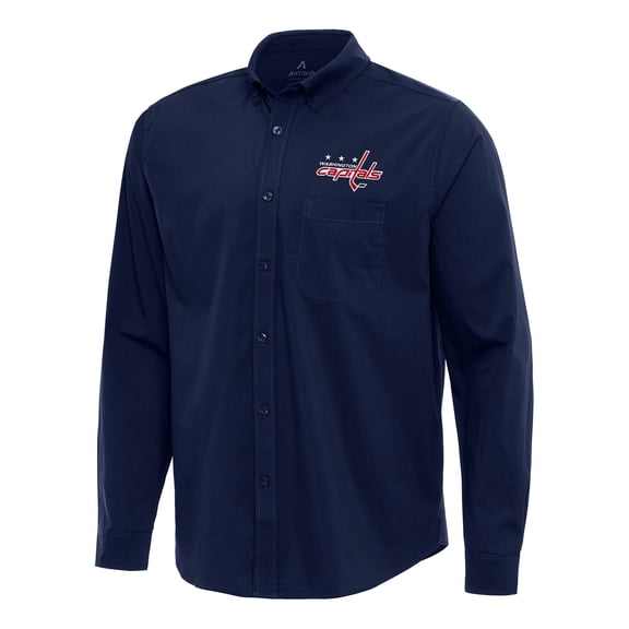 Men's Antigua Navy Washington Capitals Flight Woven Tri-Blend Long Sleeve Button-Down Shirt