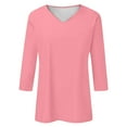 thumbnail image 2 of Camiseta básica de verano informal de color liso con cuello en V para mujer - Poliéster, manga 3/4, aberturas laterales - S-XXL, 2 of 2