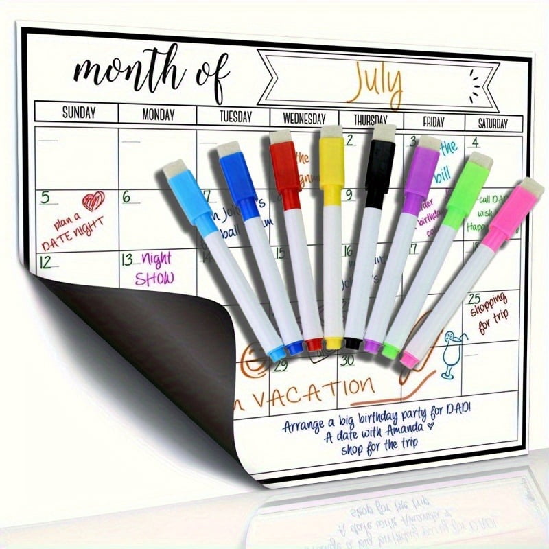 Magnetic Fridge Calendar & Whiteboard Combo - Undated Weekly/Monthly Planner with Markers & Holder for Refrigerator Organization