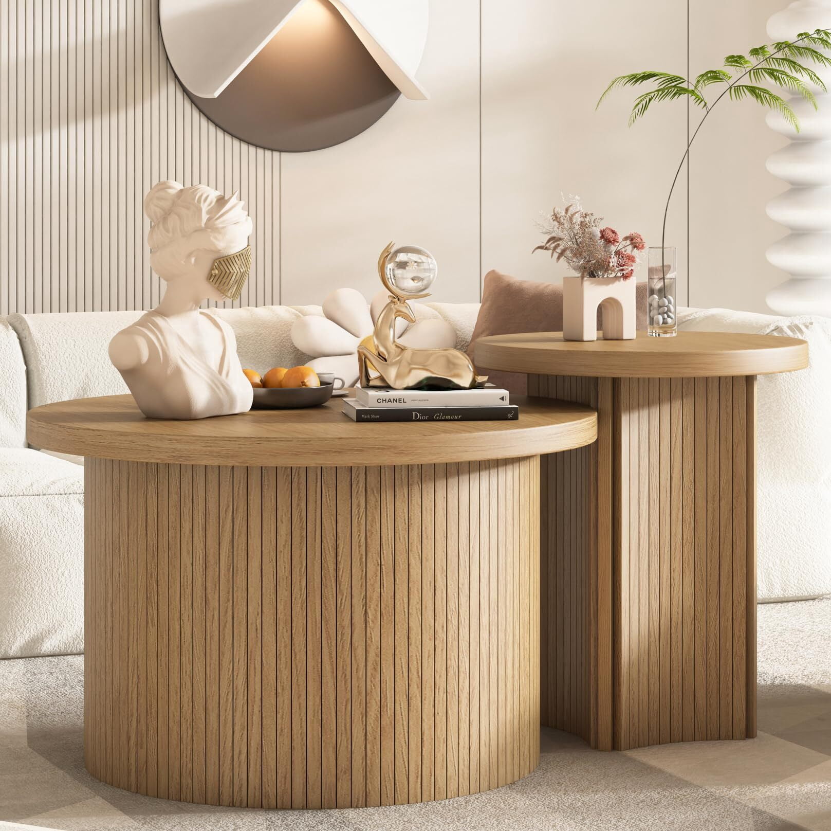 IQCNGVX Nesting Coffee Table Set of 2 Wooden Round Modern Circle Side End Side Table for Living Room Office Balcony