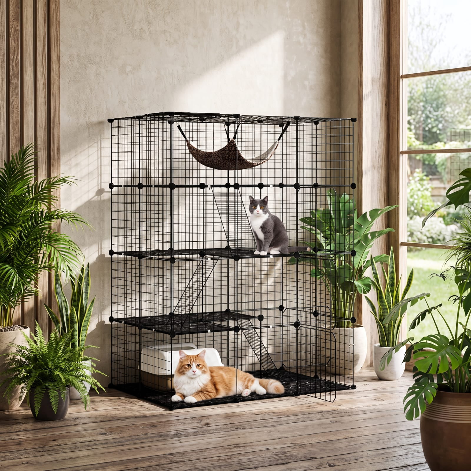Vebreda Large 4-Tier Cat Cage with Skylight and Hammock for 1-4 Cats, Metal Wire Pet Playpen with Ladders, Lockable Doors and Anti-Tip Kit, Black
