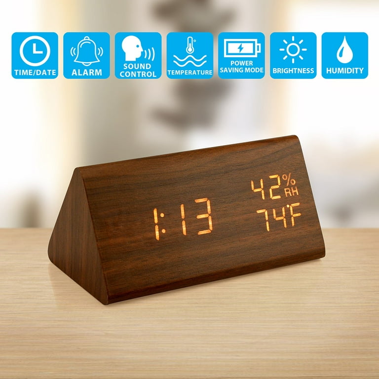 Exert disk sympatisk Wooden Digital Alarm Clock, LED Desk Clock with Time Temperature,  Adjustable Brightness, Voice Control, and Humidity Displaying - Brown -  Walmart.com