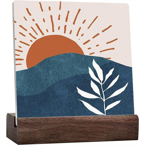 Ceramic Sign 4x4 Inch Abstract Boho Sun Sunshine Navy Mountain Botanical Leaf Desk Decor Boho Nature Landscape Ceramic Plaque Table Decor Desk Sign For Bohemian Home Office Shelf Table Decor
