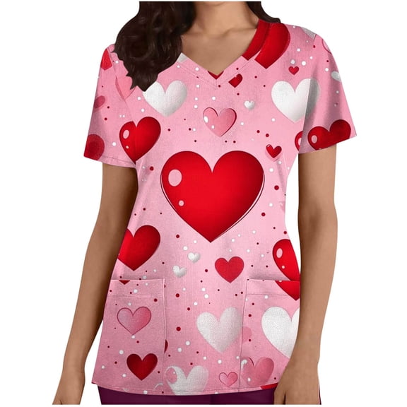 Fewfanhot Womens Tops Valentine Scrub Tops Women V-Neck Short Sleeve Holiday Themed Heart Scrubs
