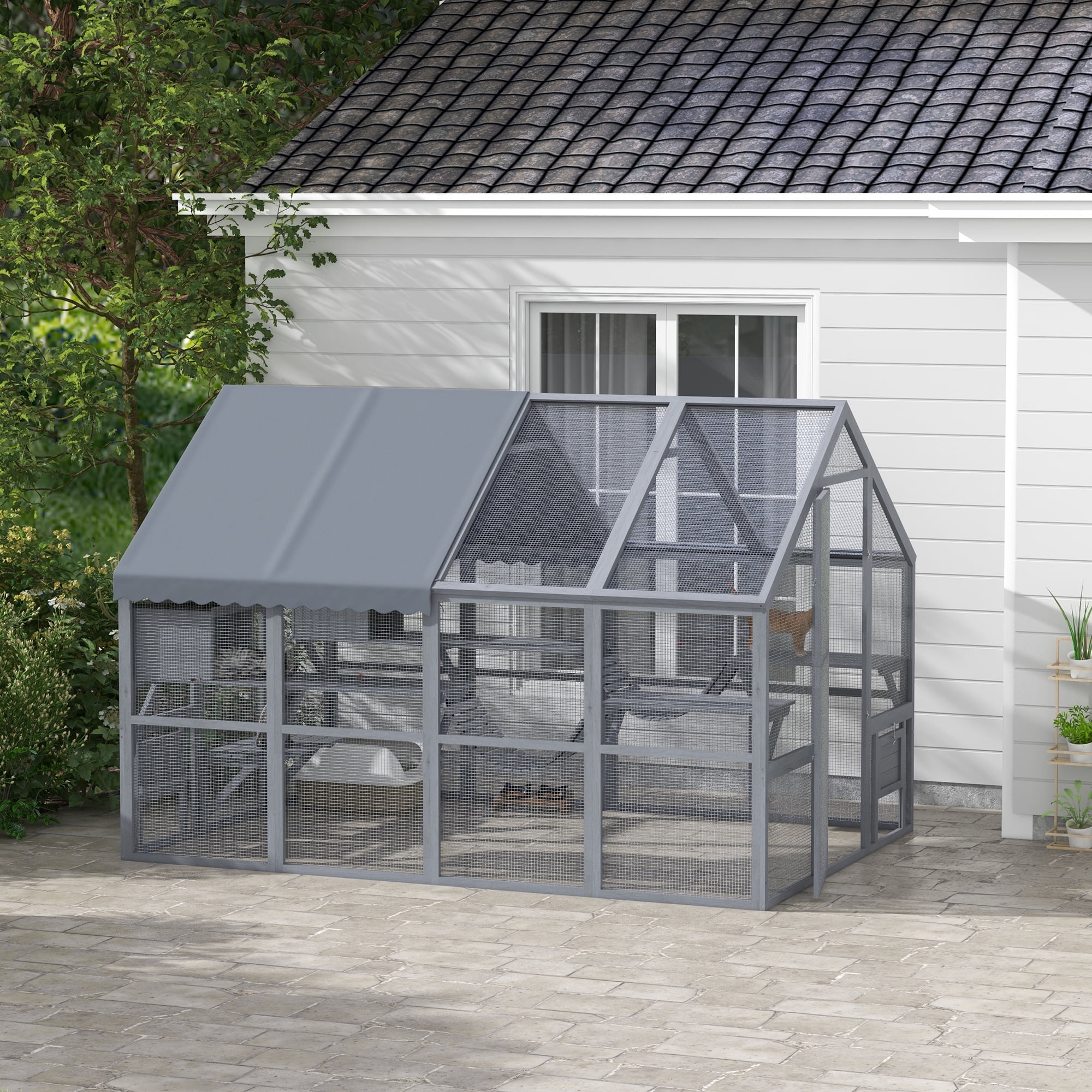 PawHut Large Catio Outdoor Cat Enclosure with Waterproof Cover, Gray