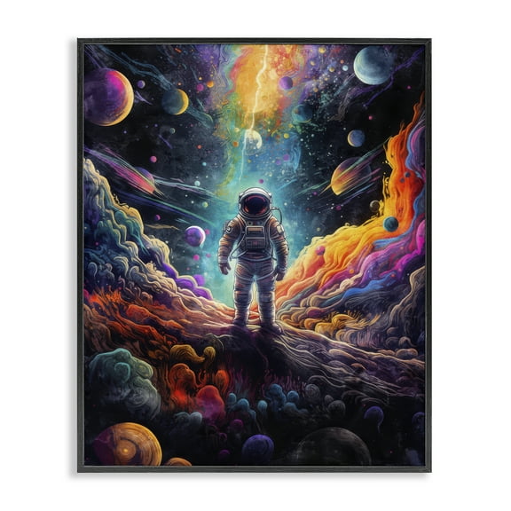 Stupell Industries Astronaut on Planet Terrain Astrology & Stars Painting Black Framed Art Print Wall Art, 11 x 14
