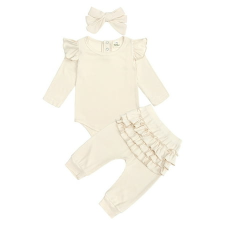 

Honeeladyy Newborn Infant Baby Solid Ruffle Romper Ruffle Pants + Headbands Outfits White