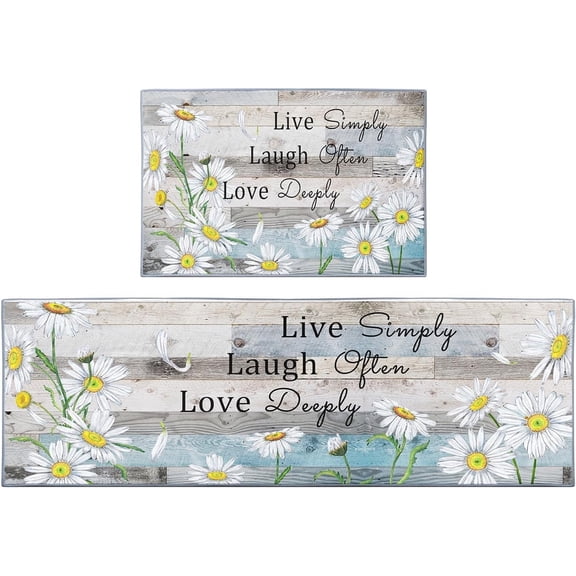 Flower Kitchen Rugs and Mats Non Skid Washable Set of 2, Daisy White Floral Wooden Kitchen Runner Rug, Farmhouse Vintage Rustic Kitchen Floor Mat Under Sink Mat Throw Rug for Doormat