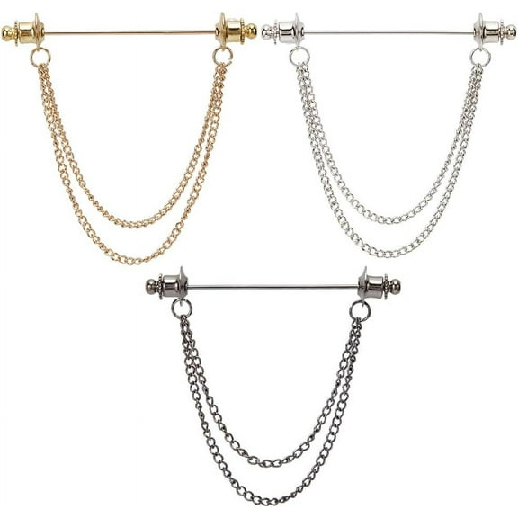 1 Box 3Pcs Men's and Women's Shirt Chain Collar Pins Gold Silver Black Metal Double Chain Lapel Pin Collar Bar Tassel Necktie Pins Clasp Stud Brooch Stick for Shirts Badge Scarf Gifts