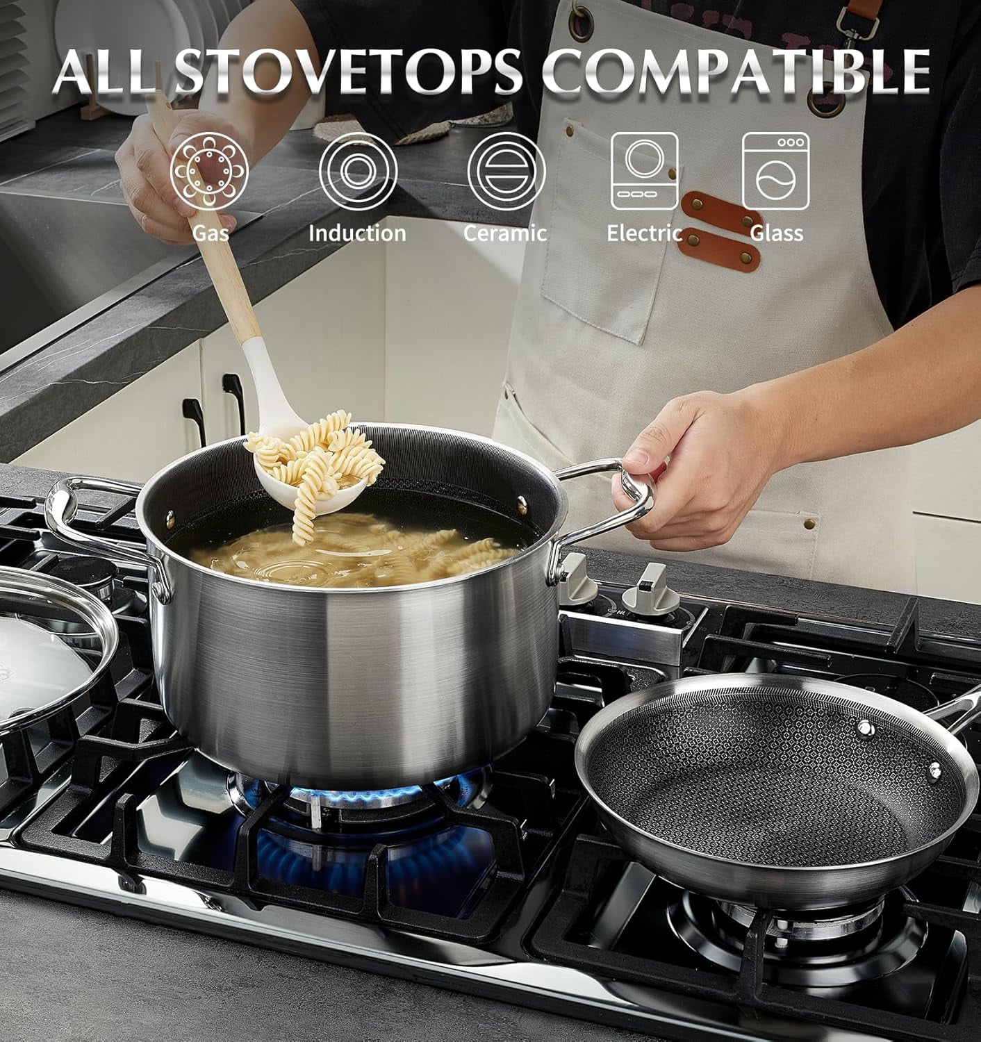 Koch Systeme CS Triply Stainless Steel Cookware Set 10 Piece, Nonstick Hybrid Kitchen Pots and Pans Set with Honeycomb Interior, Induction Compatible