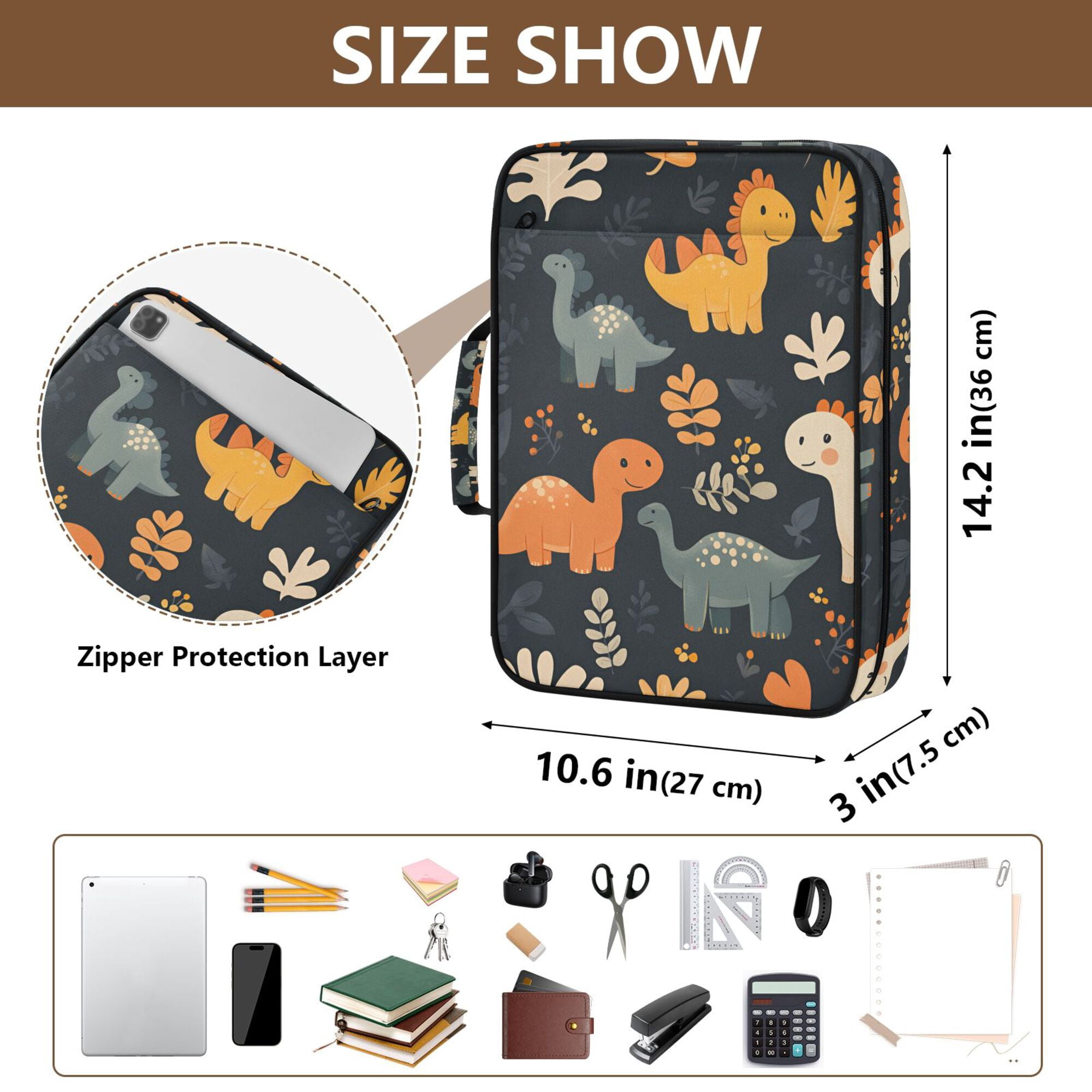 FORMRS Accordion File Folder A4 Size 7-Pocket Expanding Document Organizer Bag with 3 Ring Binder, Cartoon Dinosaur
