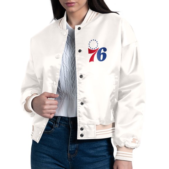 Women's Starter Cream Philadelphia 76ers Printed Logo Cropped Satin Varsity Full-Snap Jacket