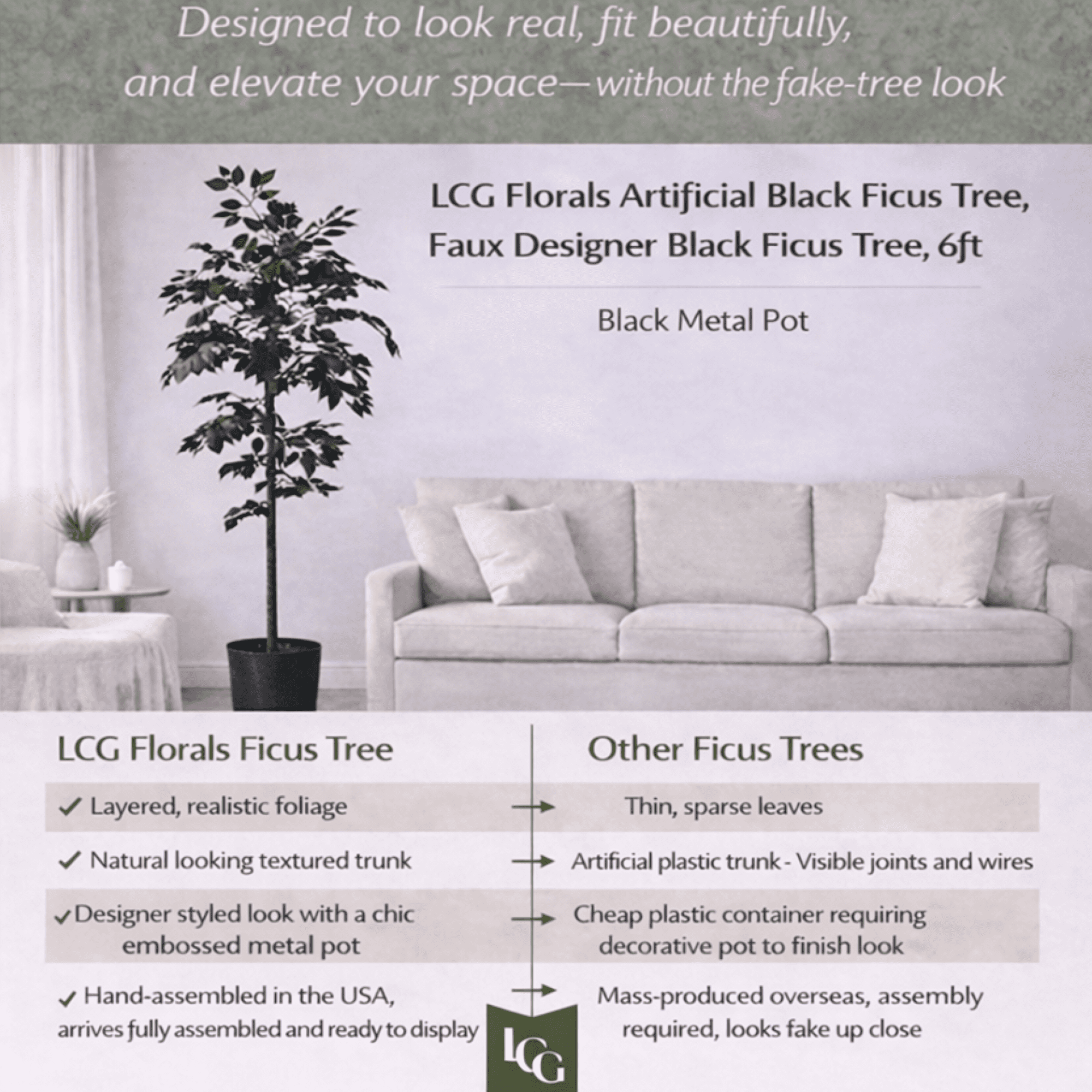 Artificial Tree, 6ft Artificial Designer Black Ficus Tree in a Black Embossed Metal Pot by LCG Florals, Faux Designer Fake Indoor Tree for Living Room, Office, and Home Décor