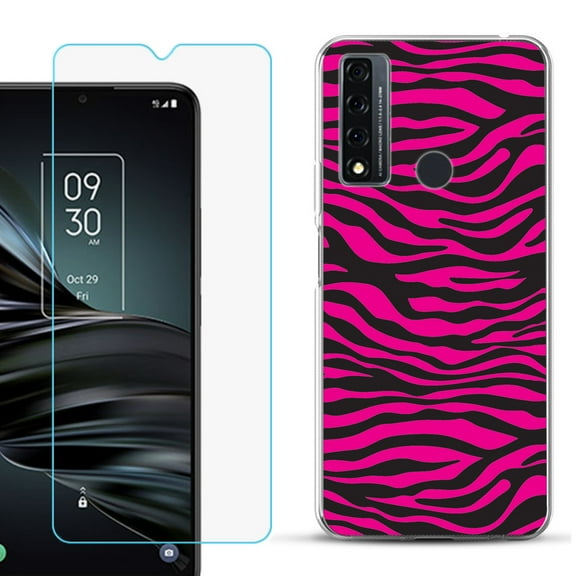 Slim-Fit Fashion Phone Case for TCL 20 XE, with Tempered Glass Screen Protector, by OneToughShield ® - Zebra Pink