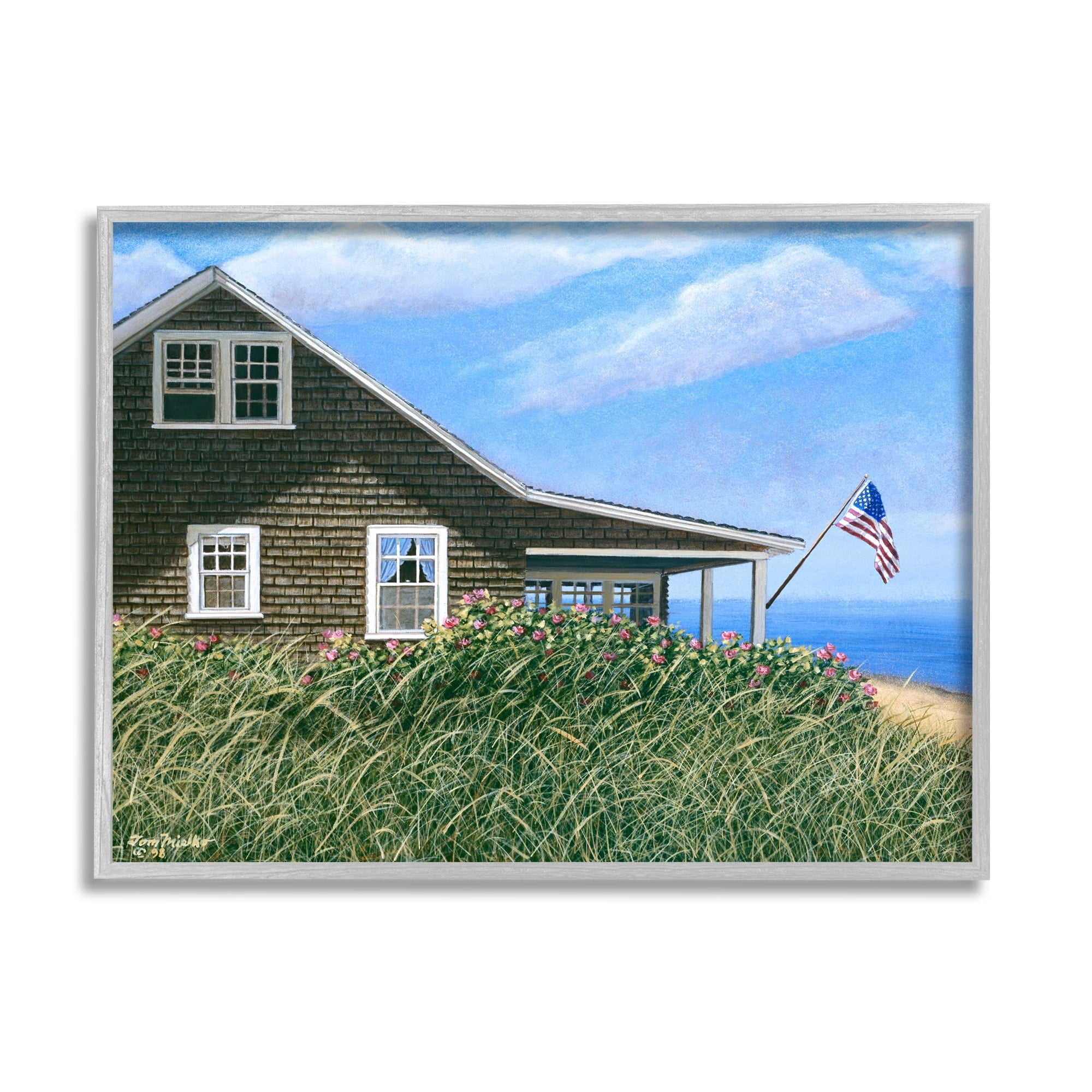 Stupell Industries Seaside House American Flag Peaceful Coastal Home Painting Gray Framed Art Print Wall Art, Design by Tom Mielko