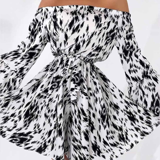 CEHVOM Women Off TheShoulder Ruffle Printing Long Sleeve Draw Back Skirt Bud Dress