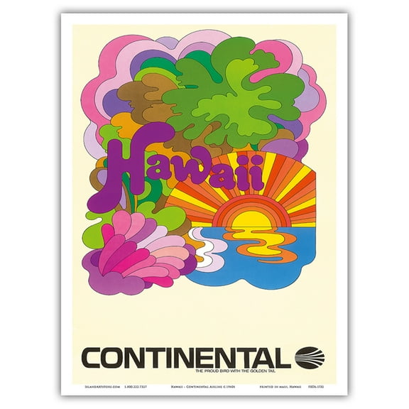 Hawaii - Continental Airlines - Psychedelic Art - Vintage Airline Travel Poster c.1960s - Master Art Print (Unframed) 9in x 12in