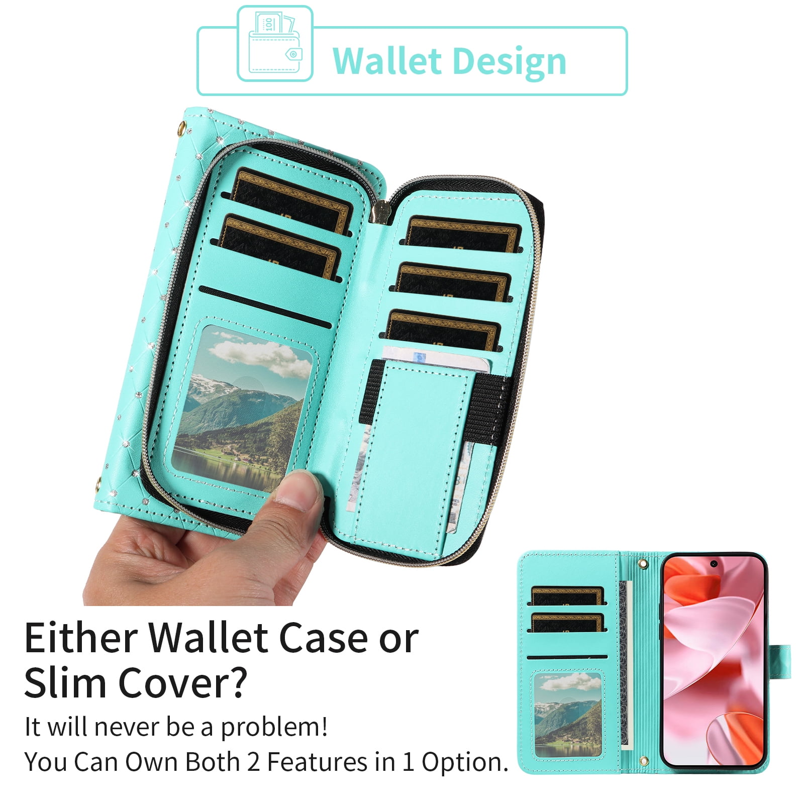 Asuwish Wallet Phone Case for Google Pixel 9/10/9Pro/10pro 5G Tempered Glass Screen Protector Bling Glitter Crossbody Lanyard Strap Flip Zipper Purse Card Holder Cell Cover Pixel9 Pixel10 Women Green