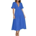 thumbnail image 6 of Women's Deep V Neck Puff Short Sleeve Tiered Dress Elastic High Waist Flowy A Line Midi Dresses, 6 of 7