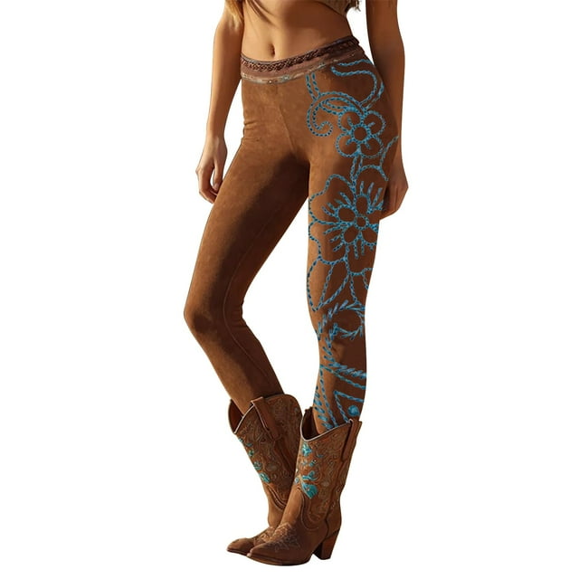 Leggings à Imprimé Rétro Style Cowboy Western pour Femmes, Pantalon de Yoga de Randonnée d'Automne avec Coupe Extensible Confortable, Pantalon Décontracté pour Usage Quotidien, Voyage, Activités de Plein Air, Équitation et Style Équestre Bleu Ciel TTG