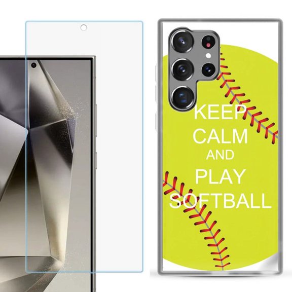 OneToughShield ® Compatible with Samsung Galaxy S24 Ultra, Shockproof Phone Case, with Tempered Glass Screen Protector - Keep Calm Softball
