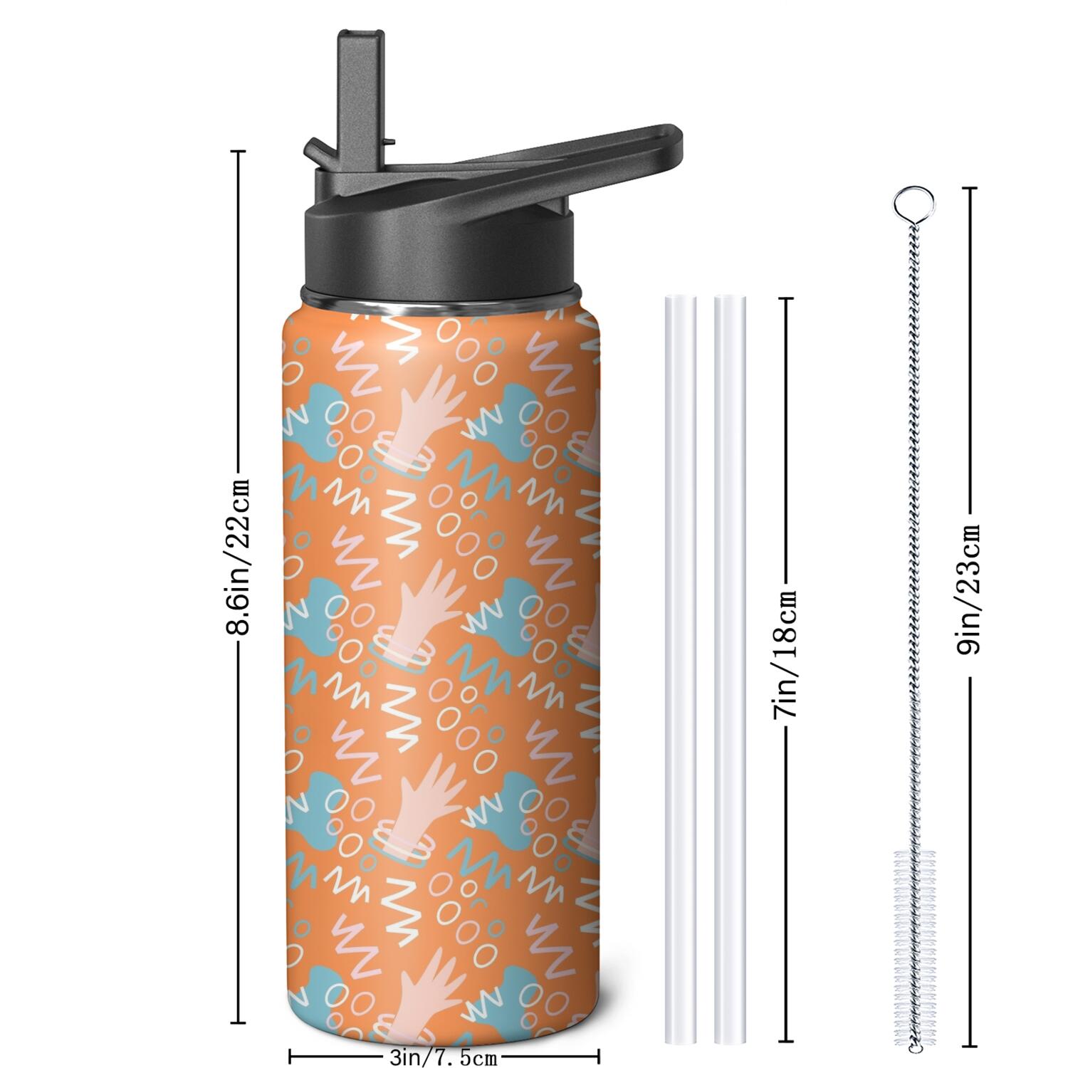 Modern 18 oz Insulated Stainless Steel Water Bottle with Straw & Cleaning Brush , Leakproof, BPA-Free, 304 Stainless Steel, Wide Mouth, Travel Mug for Car, Gym, Office