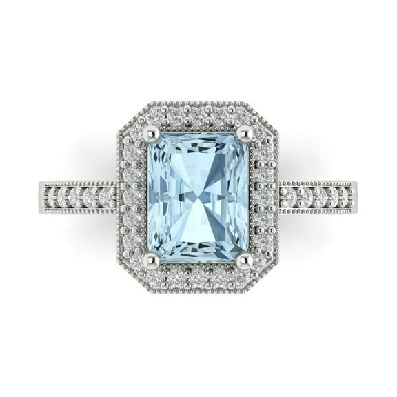 2.78 ct Emerald Cut Simulated Blue Diamond with Simulated Diamond Halo Accents 14K White Gold Womens Engagement Ring