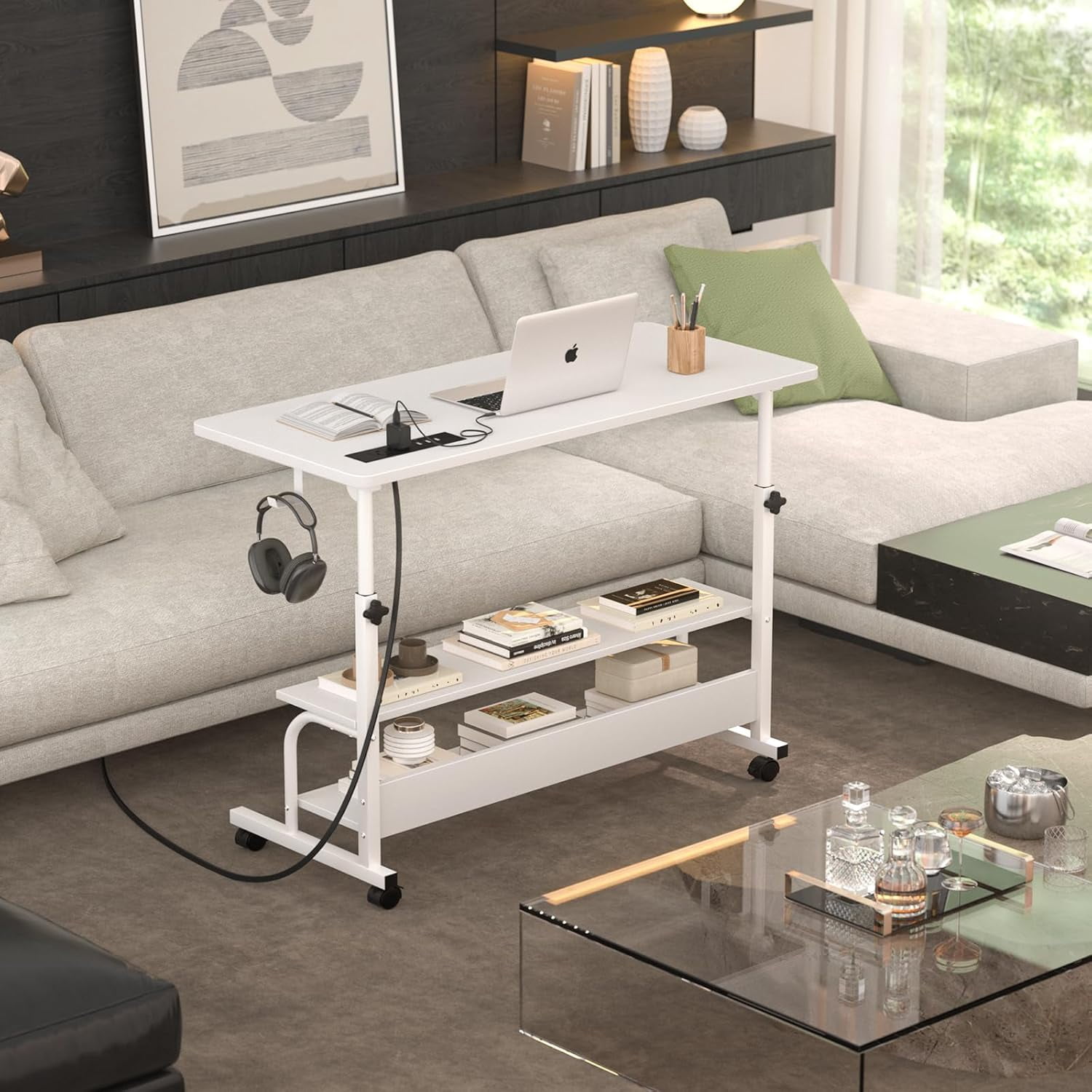 Homieasy Height Adjustable Standing Desk with Power Outlet & USB Ports, Max Height 41'', Small Mobile Computer Desk with Storage Shelves & Hooks, Portable Laptop Table for Home & Office, White