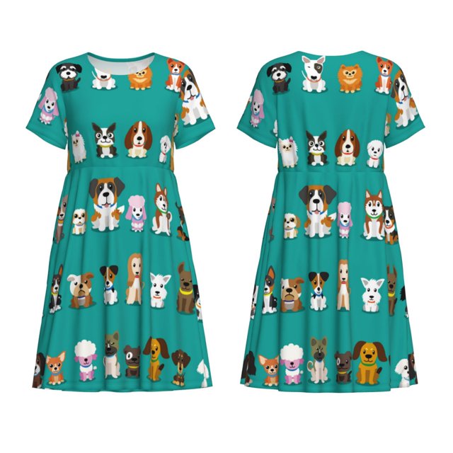 Bixox Robe d'Été à Manches Courtes pour Femmes Robe Ample Longueur Genou avec Poches-Chiens Dessin Animé