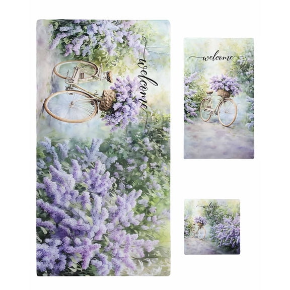 Purple Lavender Towel Set of 3, Soft Microfiber Bath Towels, Hand Towel, Washcloths, Green Leaves Spring Bike Botanical Quick-Dry Absorbent Towels for Bathroom Kitchen Hotel Beach Gym Spa