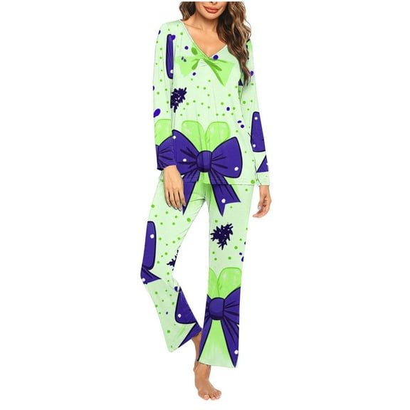 Censtreet V-neck Long Sleeved Pajamas Set for Women,Printed Casual Sleepwear with Pockets,2 Piece Christmas Snug-Fit Loungewear