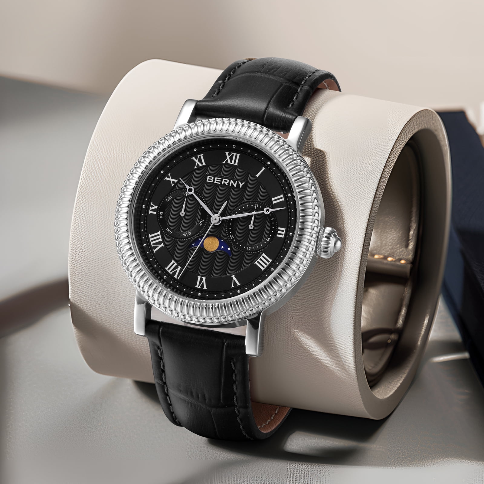BERNY Mens Leather Watch, Vintage Roman Numerals Moon Phase Dress Watch with Day & Date, Stainless Steel, Sapphire Crystal, Waterproof, Fashion Luxury Analog Quartz Wrist Watches for Men (Silver)