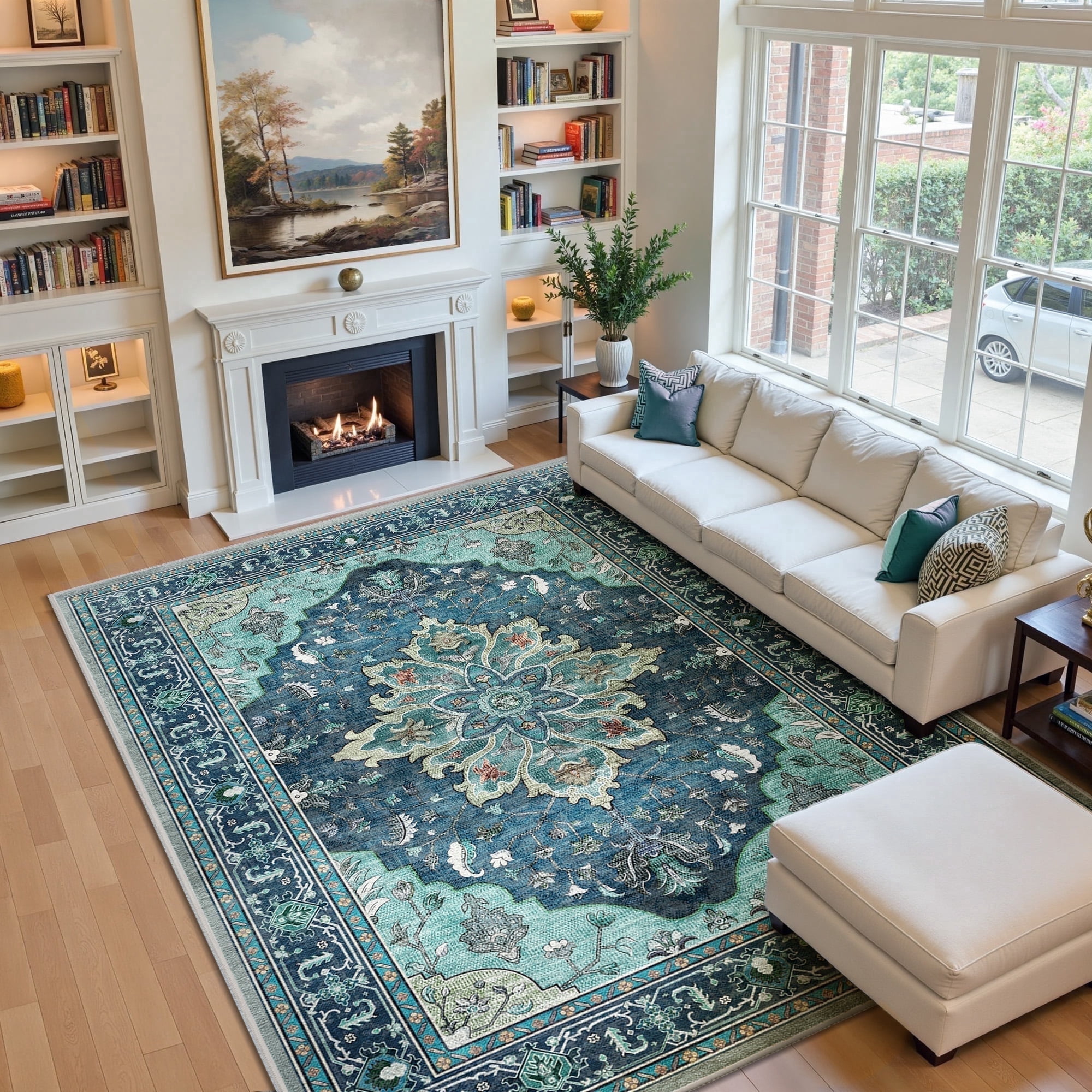 NewBuros 8'x10' Washable Area Rug for Living Room, Non Slip Vintage Distress Print Pattern Floral Rug, Soft Low Pile Indoor Carpet for Bedroom Dining Room, Teal Green