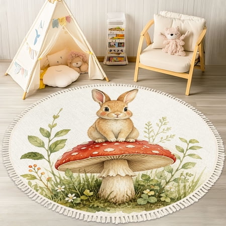 Washable Non Slip 4ft Round Rug Woodland Forest Animal Rabbit Mushroom Green Leaves Whimsical Font Circle Area Rugs with Tassels Carpet for Nursery Bedroom Living Room Playroom Tent Rug