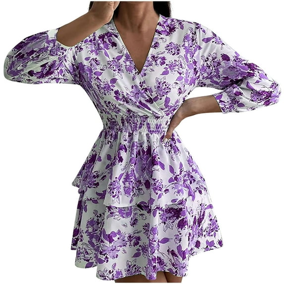 Women's Floral Boho Dress Long Sleeve Wrap V Neck Ruffle A-Line Flowy Mini Dresses Tiered Ruffles Elegant Evening Cake Dress