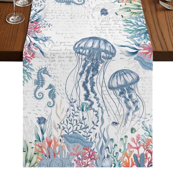 Table Runners 60 Inches Long Dress Scarves, Coastal Jellyfish Farmhouse Kitchen/Dining Table Runner, Small Coffee Tablerunners, Summer Beach Nautical Ocean Coral Seahorse 13x60 Inch