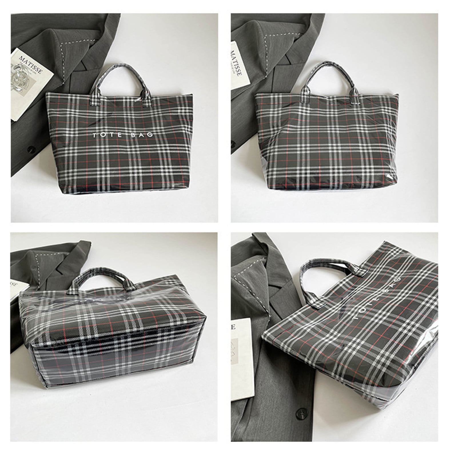 Comefolife Christmas Black Plaid PVC Tote Bag for Women Vintage Christmas Buffalo Check Tote Bag Plastic Handbag