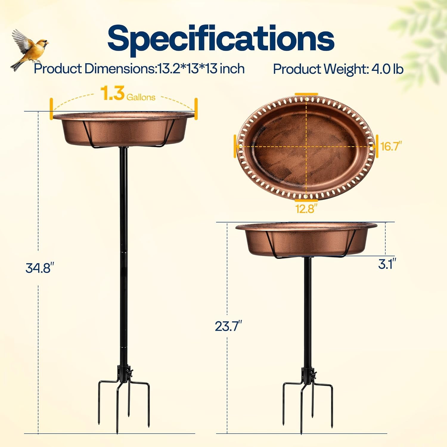 SPECSTAR Oval Bird Bath for Outside, Outdoor Birdbath Bowl with Metal Ground Stake, Weather-Resistant ABS Bird Bath and Feeder for Garden, 1.3 Gallons, Bronze