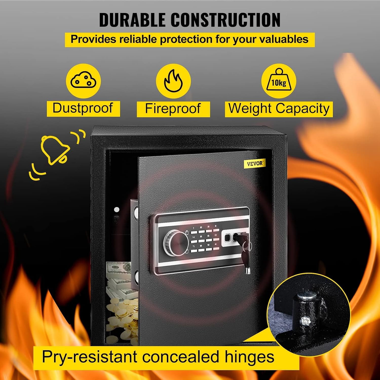 Safe Box, 1.7 CU.FT Fingerprint Safe Box for Money w/ 2 Keys & Digital Keypad, Q235 Steel Fireproof Safe Box for Storing Cash, Jewelry, Pistols, Documents, Watches in Home & Office & Hotel