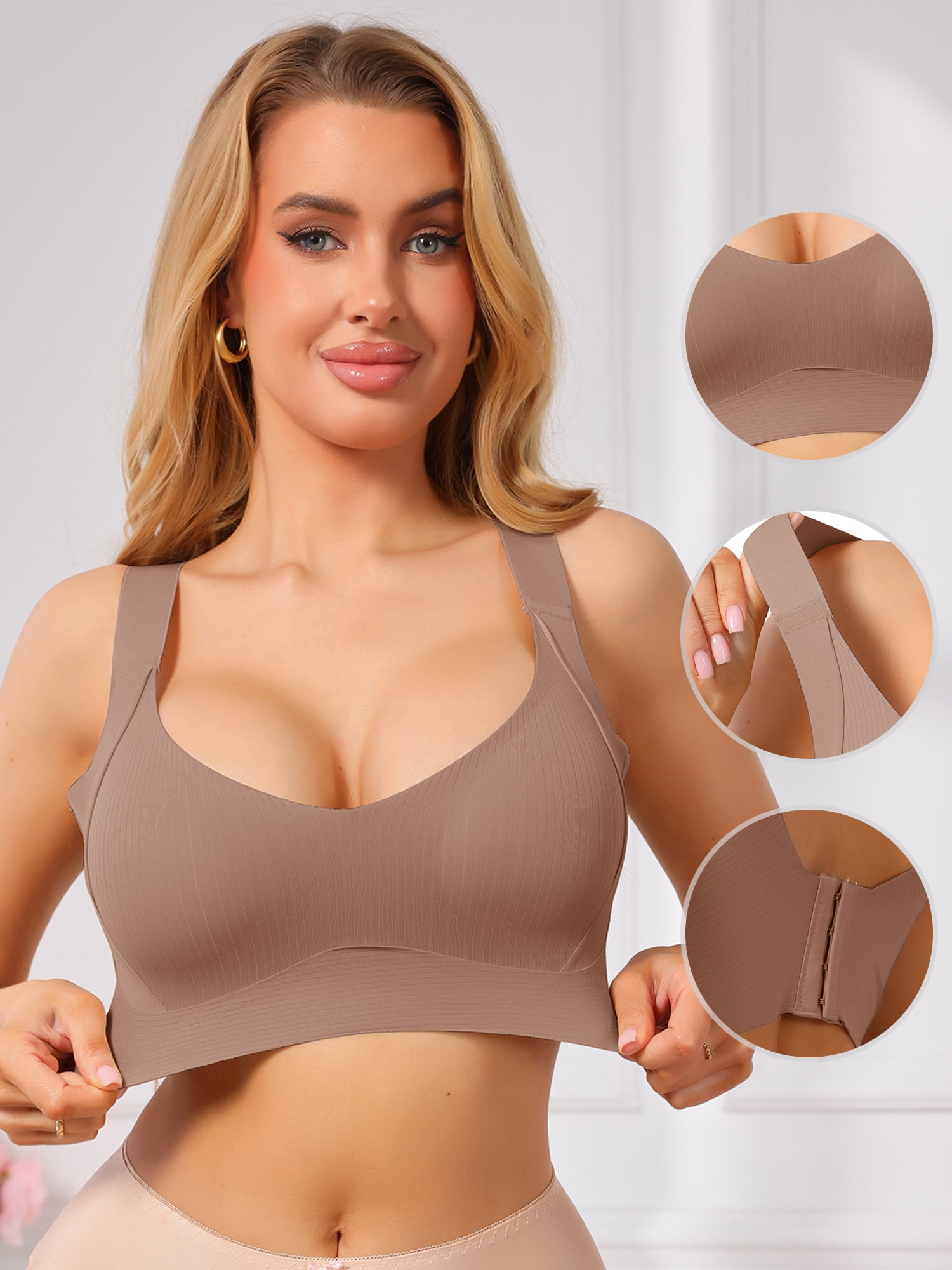 DARING DIVA Women's Deep V Seamless Wireless Minimizer Full Coverage Bra M Brown