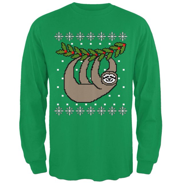 Grand Sloth Suspendu Chandail de Noël Laid T-Shirt à Manches Longues pour Hommes