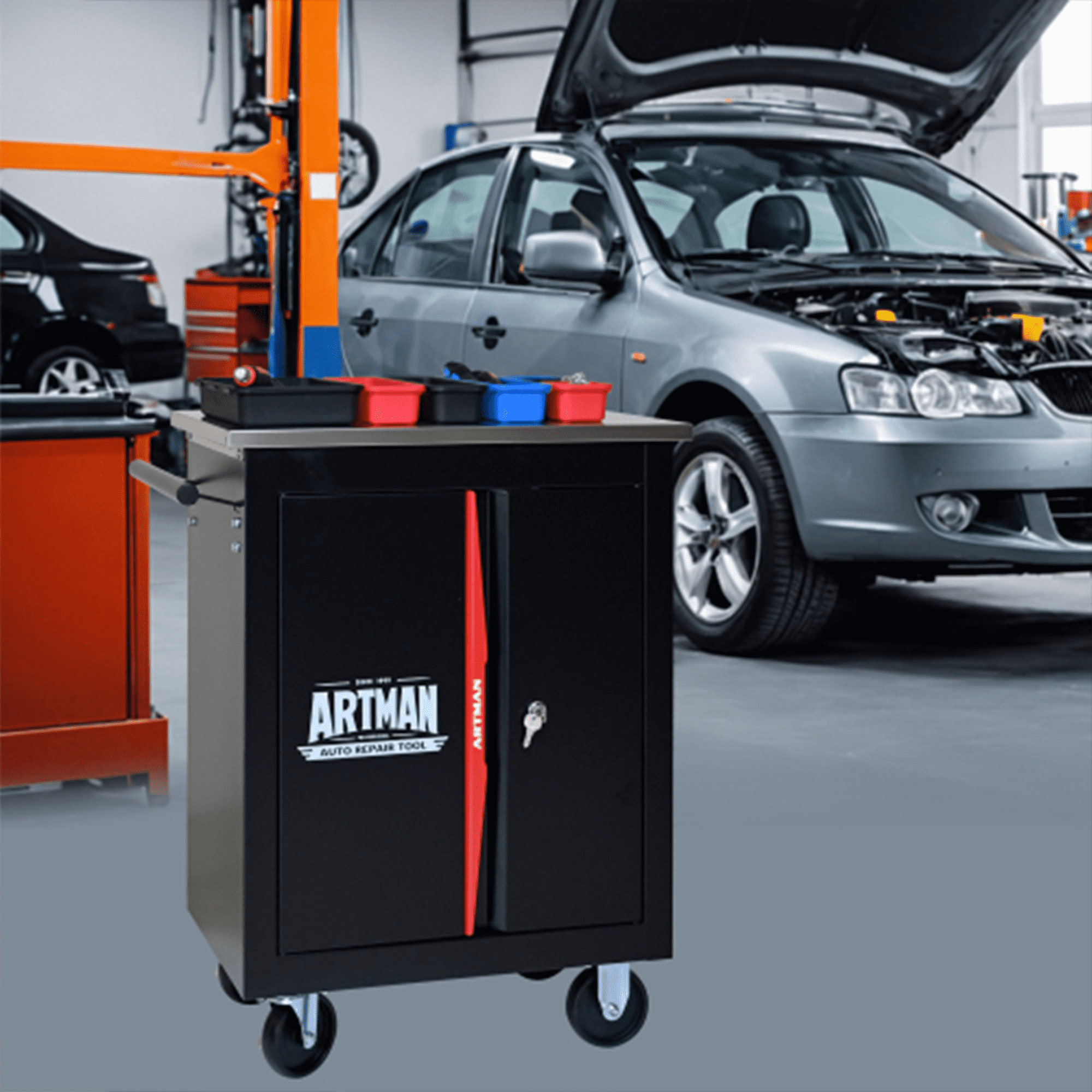 ARTMAN Double-Door Tool Storage Chest, Heavy Duty Tool Cart Cabinets ,Steel Rolling Tool Box for Workshop Garage Repair Shop
