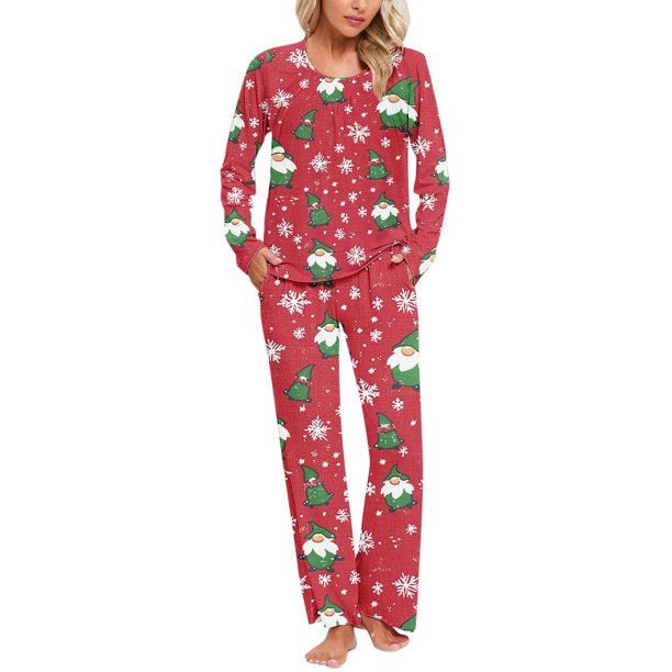 Puntoco Conjunto de pijama cómodo para mujer, con estampado navideño, cuello redondo, bolsillo, pantalones, ropa de casa, pijama