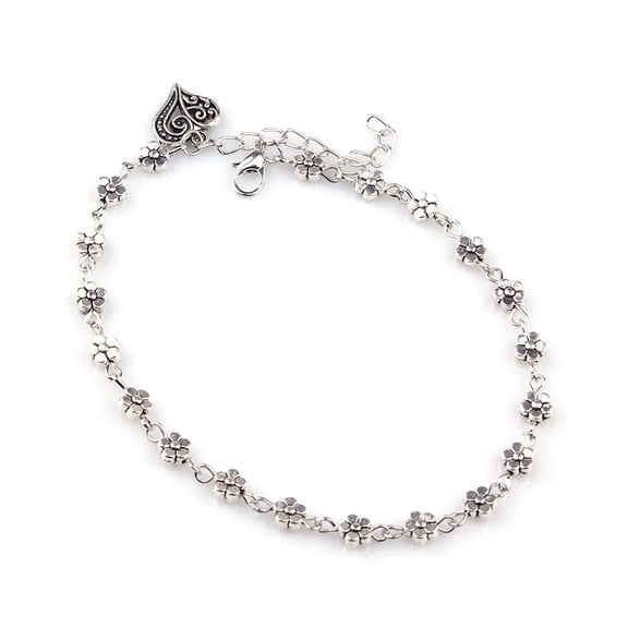 Fashion Foot Chain Tibetan Silver Hollow Plum Flowers Heart-Shaped Anklet for Women Thin Jewelry Foot Chain Accessories