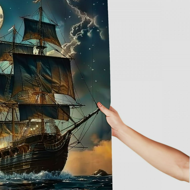 Pirate Ship Shower Curtain - Vintage Nautical Theme With Full Moon Ocean Design, Polyester Bathroom Decor