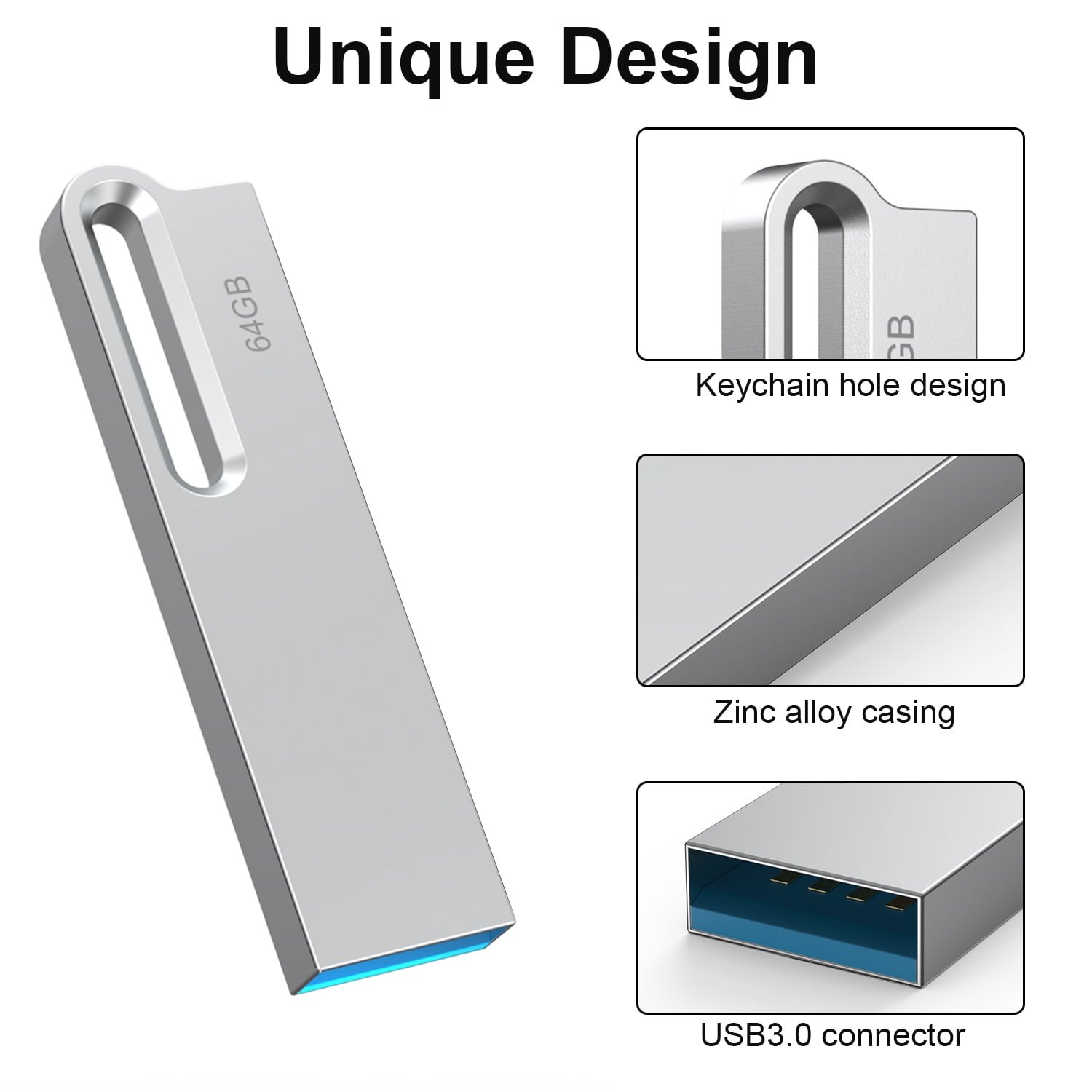 64GB USB 2.0 Flash Drive 3PCS TOPESEL Slim Metal Thumb Drive Mini Memory Stick Pen Drive Silver