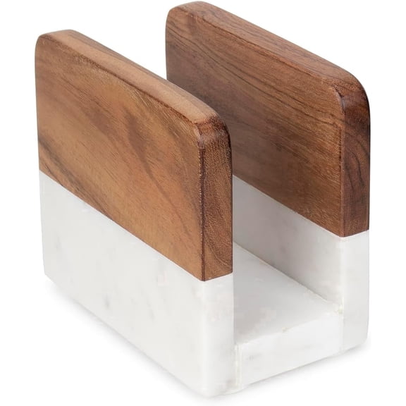 Marble & Acacia Wood Napkin Holder – Modern Upright Paper Napkin Holder for Kitchen Table, Heavy Base Sturdy Tabletop Farmhouse Kitchen