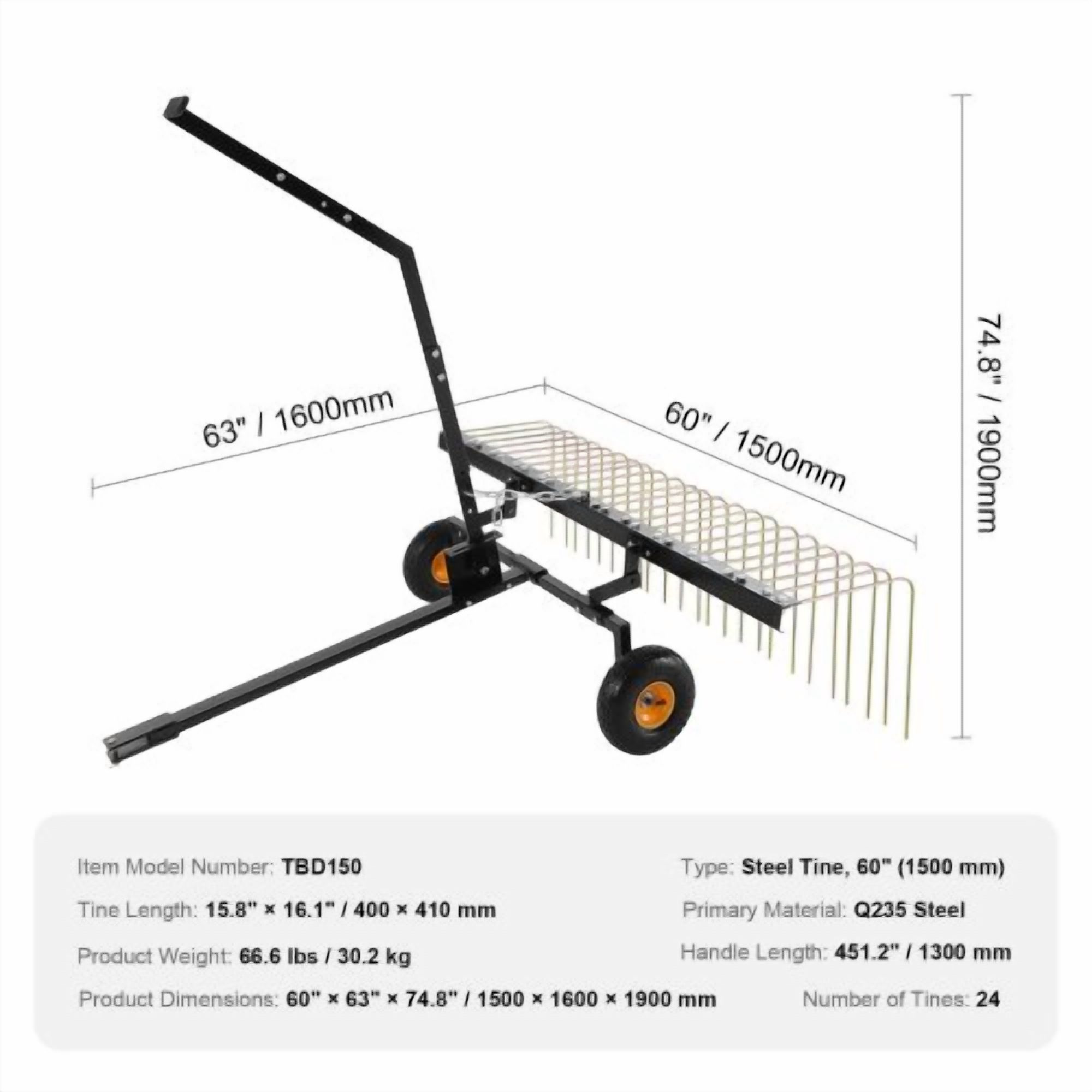60 Inch Tow-Behind Lawn Dethatcher, Heavy-Duty Steel Tines Pull-Behind Thatcher with Inflatable Tires for ATV & Mower